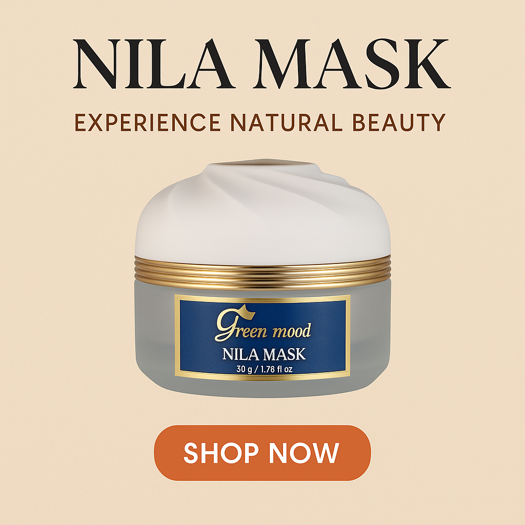 Promotional ad by Green Mood by Sud Bio for Nila Mask — natural face treatment for bright and even skin tone. Brightening clay mask from Morocco, organic skincare for radiant and purified skin.