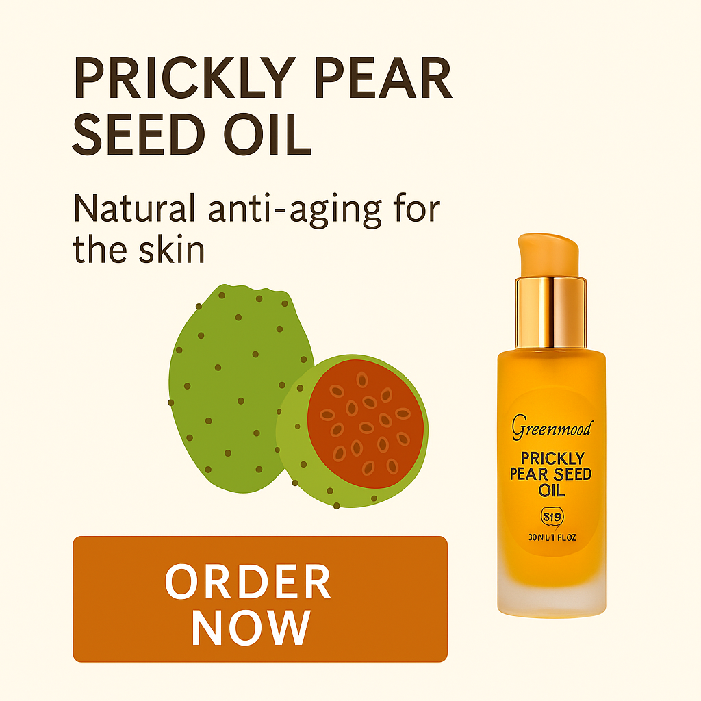 Promotional poster by Green Mood by Sud Bio for Prickly Pear Seed Oil — natural anti-aging skincare with a golden bottle and prickly pear fruit illustration. Order Now button.