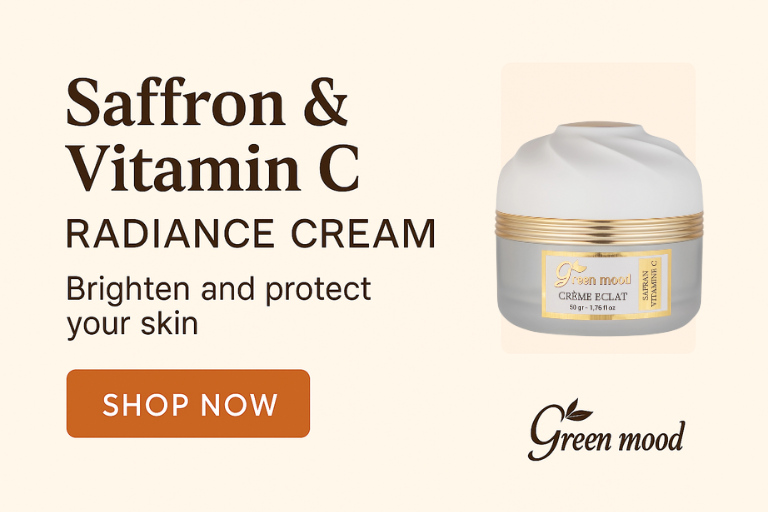 GreenMood’s Saffron & Vitamin C Radiance Cream, highlighting Moroccan saffron, Vitamin C, hyaluronic acid, argan oil, prickly pear seed oil, and SPF 50 protection