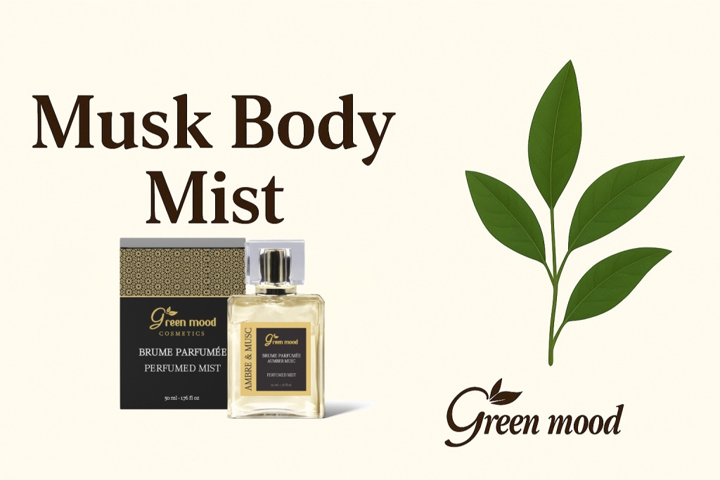 Green Mood Musk Perfumed Mist — natural unisex fragrance made in Morocco, low-alcohol body and hair mist with soft musky notes