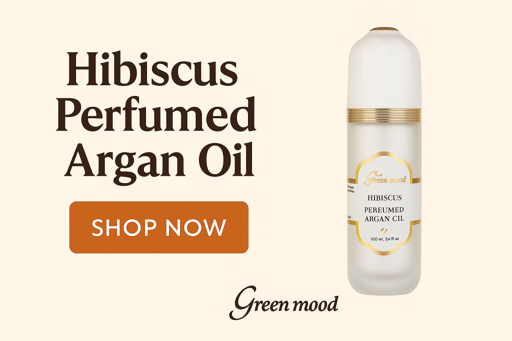 GreenMood Hibiscus Argan Oil, highlighting its natural perfumed formula for hair and body care, enriched with pure argan oil and hibiscus fragrance.