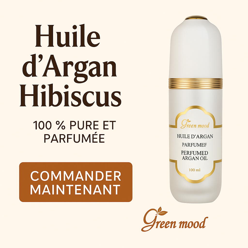 Illustration d'Huile d’Argan Parfumée Hibiscus de GreenMood, mettant en avant une huile 100 % pure et naturelle, idéale pour nourrir les cheveux et sublimer la peau. Mots-clés : huile d’argan hibiscus, huile parfumée bio, soin naturel marocain, GreenMood, huile cheveux et corps.