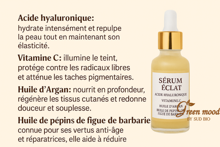 les ingrédients clés du Sérum Éclat Anti-Taches de GreenMood : acide hyaluronique, vitamine C, huile d’argan et huile de pépins de figue de barbarie