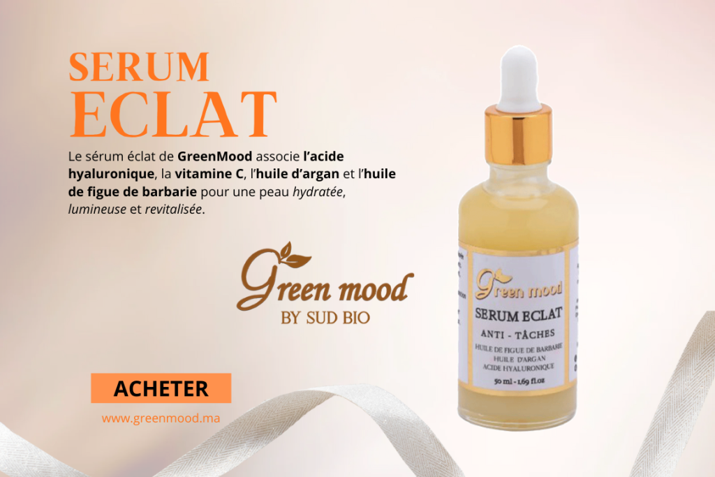 Sérum Éclat Anti-Taches GreenMood à la vitamine C, acide hyaluronique, huile d’argan et huile de pépins de figue de barbarie – soin de nuit éclaircissant et hydratant pour une peau lumineuse et uniforme.