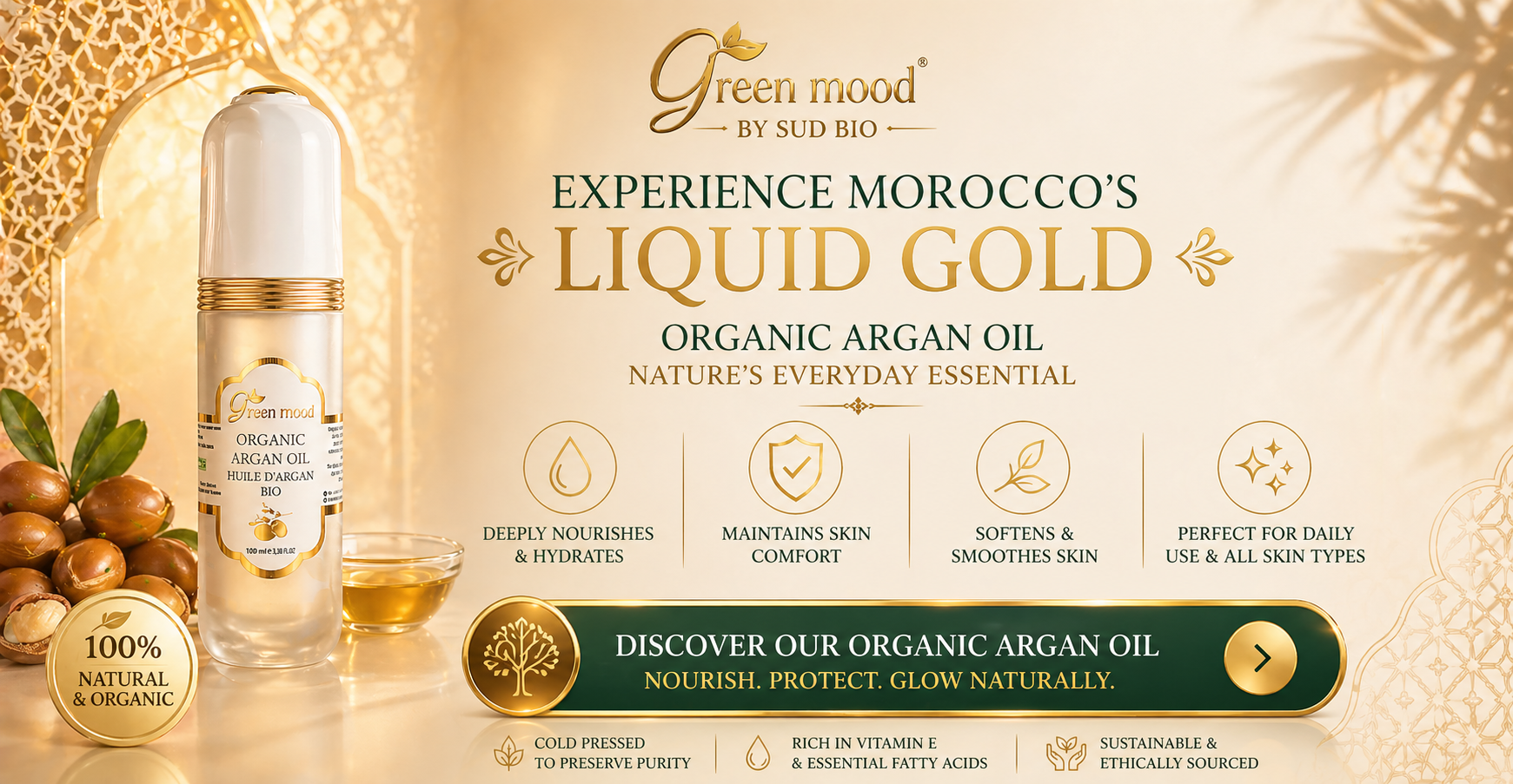 organic pure argan oil morocco liquid gold natural skincare premium green mood