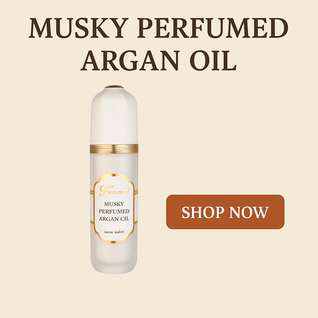 Promotional ad by Green Mood by Sud Bio for Musky Perfumed Argan Oil — natural argan oil with musk fragrance for smooth, hydrated, and elegantly scented skin. Premium Moroccan cosmetic care for body and hair.