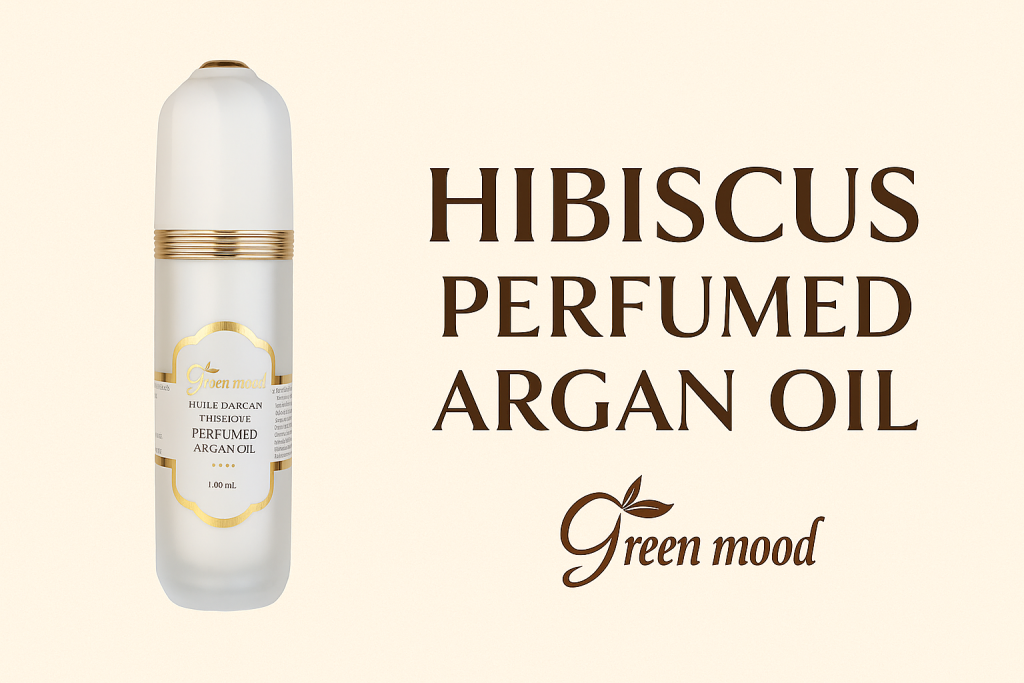Bottle of Hibiscus Argan Oil by GreenMood – natural Moroccan oil with hibiscus extract for soft skin and shiny hair