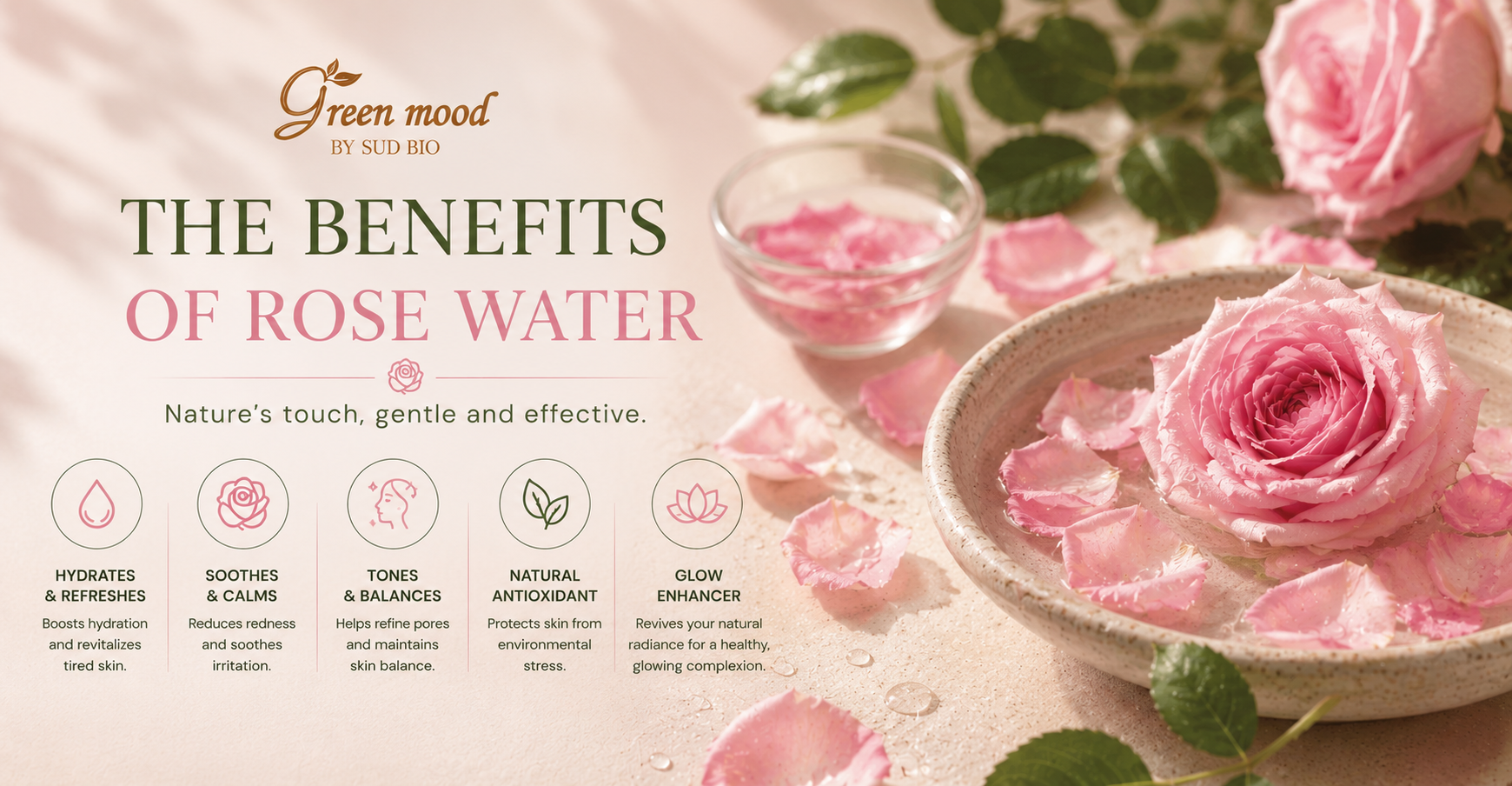 Benefits of rose water for the face — hydration, soothing action, balanced skin and antioxidant support by Green Mood