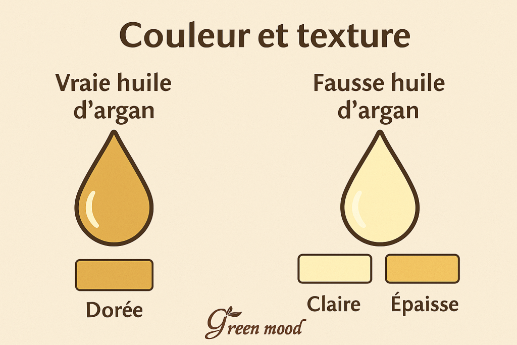 Comparatif couleur et texture : vraie huile d’argan pure, dorée et fluide, vs fausse huile trop claire/épaisse — Green Mood, Maroc, huile d’argan bio