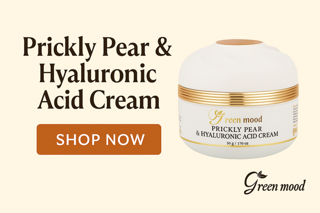 "GreenMood Prickly Pear & Hyaluronic Acid Cream – natural hydrating and firming face cream with organic prickly pear extract and hyaluronic acid for glowing ski