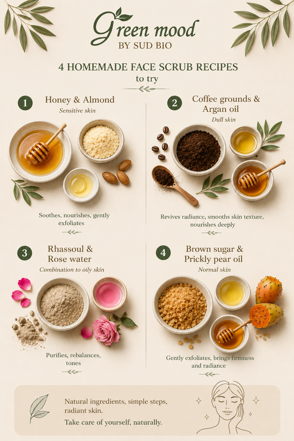 Natural face scrub ingredients — oils, clays and botanical powders
