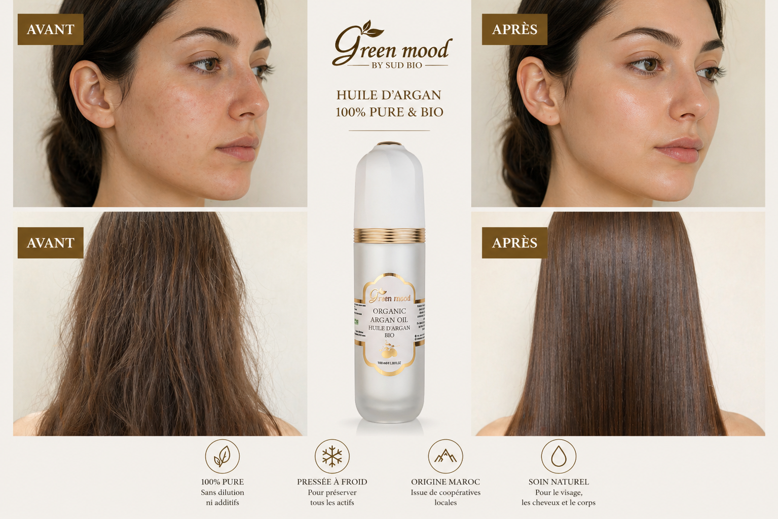 avant après huile d’argan visage cheveux résultats réels peau plus lisse cheveux brillants soin naturel bio Green Mood