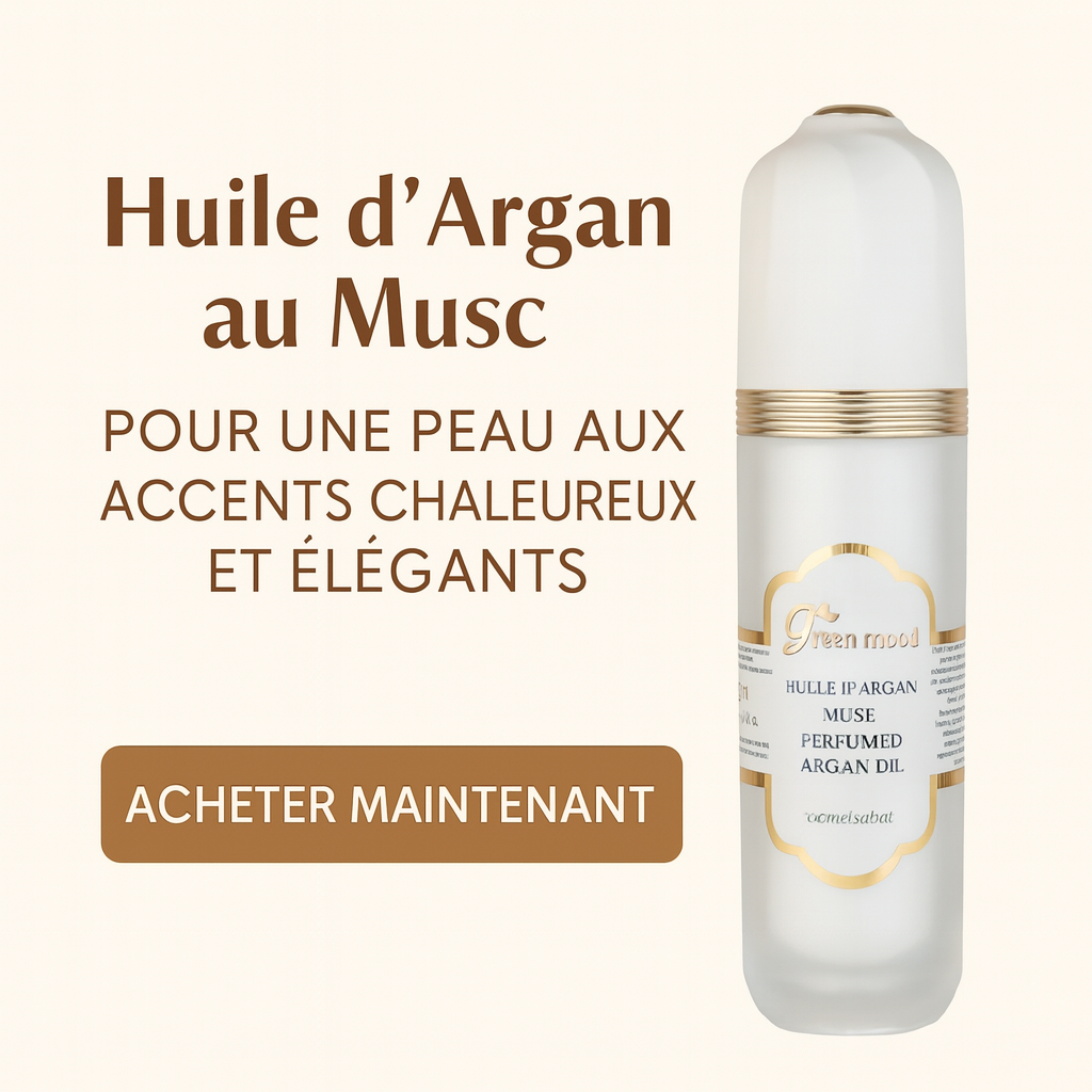 Affiche promotionnelle Green Mood by Sud Bio pour l’Huile d’Argan au Musc — huile d’argan parfumée naturelle pour une peau douce, hydratée et élégamment parfumée. Produit cosmétique marocain haut de gamme, soin du corps et des cheveux.