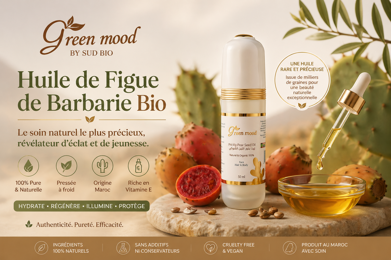 huile de figue de barbarie bio maroc Green Mood pure pressée à froid soin naturel visage éclat peau huile cactus premium