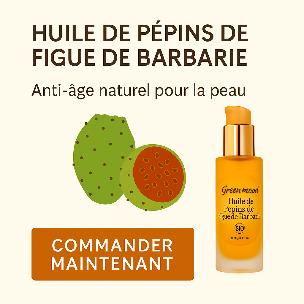 Affiche promotionnelle Green Mood by Sud Bio pour l’Huile de Pépins de Figue de Barbarie bio — soin anti-âge naturel pour la peau, avec flacon doré et illustration de figue de barbarie. Bouton Commander maintenant.