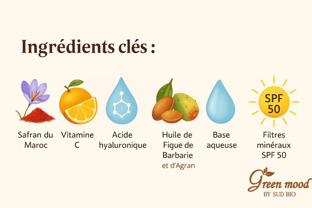 Crème Éclat au Safran et Vitamine C de GreenMood, présentant ses ingrédients naturels : safran du Maroc, vitamine C, acide hyaluronique, huile d’argan, huile de figue de barbarie, base aqueuse et filtres minéraux SPF 50 — avec le logo GreenMood et un design inspiré du soin bio.