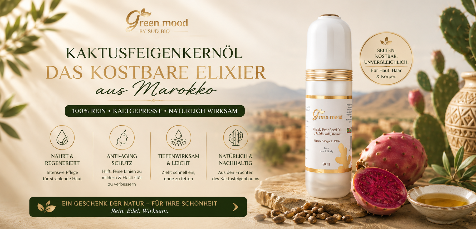 Bio-Kaktusfeigenkernöl aus Marokko – kaltgepresstes Premiumöl für Gesicht, Haut und Haare von Green Mood