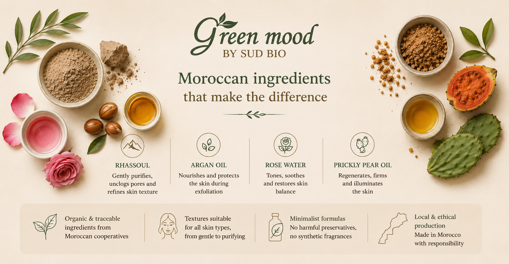 Moroccan natural skincare ingredients — rhassoul, argan, prickly pear