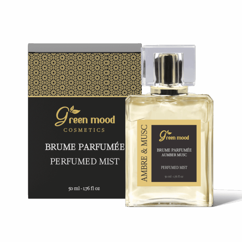 Parfum Musc Green Mood : brume unisexe artisanale du Maroc, au musc naturel musk perfumed mist – musk body mist – natural musk fragrance – unisex musk perfume – Green Mood perfume – Moroccan body mist – artisan fragrance