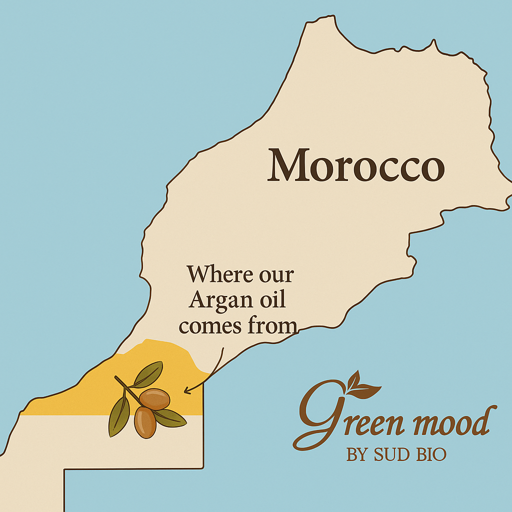 Carte du Maroc indiquant la région d’où vient notre huile d’argan pure, Green Mood by Sud Bio — huile d’argan bio et naturelle du Maroc