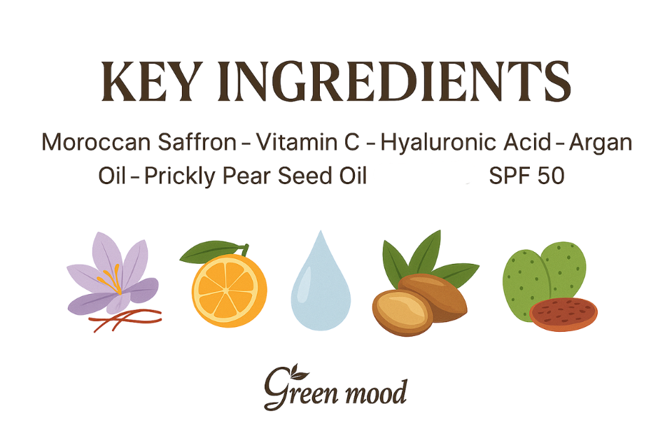 key ingredients of GreenMood’s Saffron & Vitamin C Radiance Cream: Moroccan saffron, vitamin C, hyaluronic acid, argan oil, prickly pear seed oil, and SPF 50 protection – natural skincare composition.
