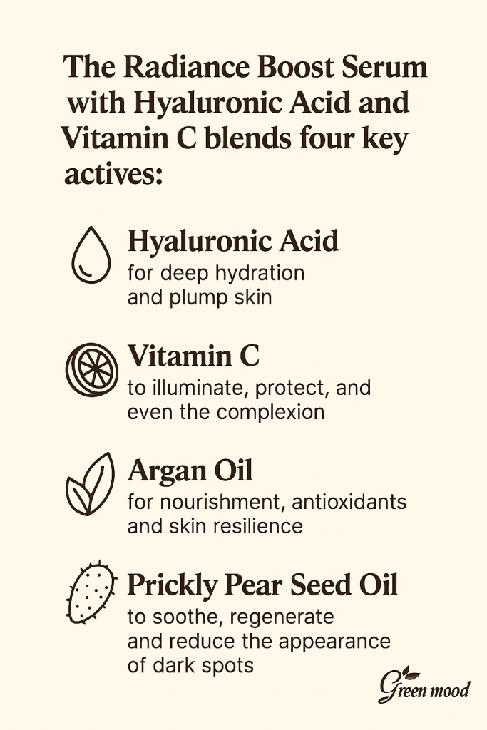 Infographic illustrating GreenMood’s Radiance Boost Serum with Hyaluronic Acid and Vitamin C — highlighting its four natural actives: hyaluronic acid for deep hydration, vitamin C for brightness, argan oil for nourishment, and prickly pear seed oil for regeneration and dark spot reduction.