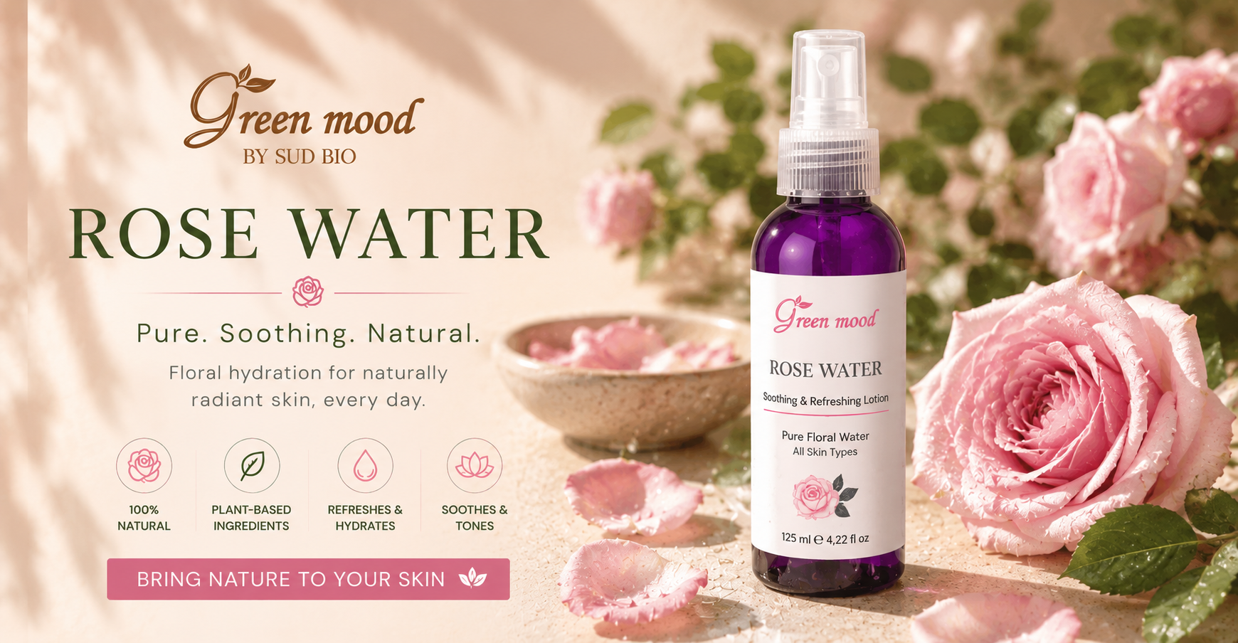 Pure Moroccan rose water by Green Mood — steam-distilled Damask rose floral water, single-ingredient, alcohol-free