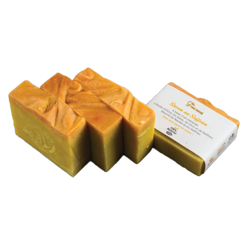 savon-au-saffran-1.png Green Mood Saffron Soap – natural cleansing bar with saffron for gentle purification and radiant, soft skin - Savon au Safran Green Mood – savon naturel apaisant pour visage et corps, avec extrait de safran pour purifier et illuminer la peau