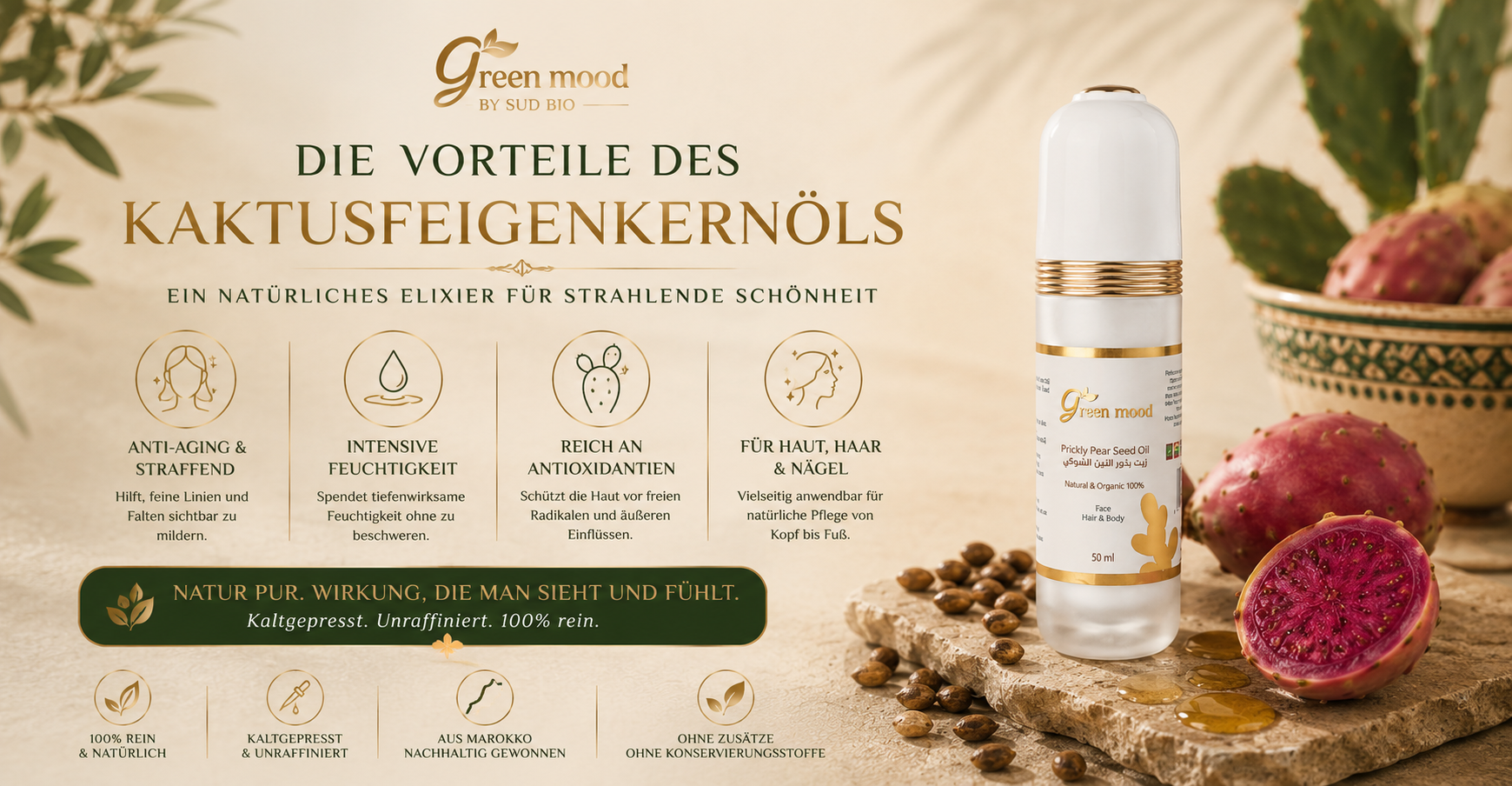 Vorteile von Bio-Kaktusfeigenkernöl – kaltgepresstes Premiumöl aus Marokko für intensive Anti-Aging-Pflege, Feuchtigkeit und antioxidativen Schutz