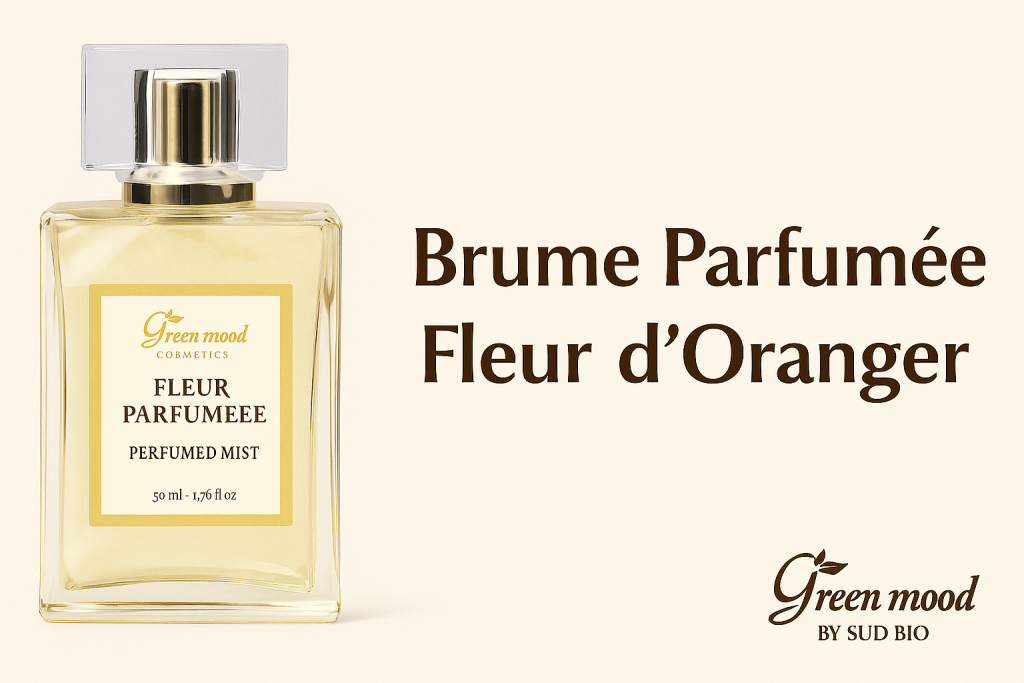 Illustration du Parfum Fleur d’Oranger GreenMood – flacon à gauche, 'Parfum Fleur d’Oranger – Brume Parfumée Naturelle et Élégante - GreenMood Cosmétique marocain naturel et délicat.