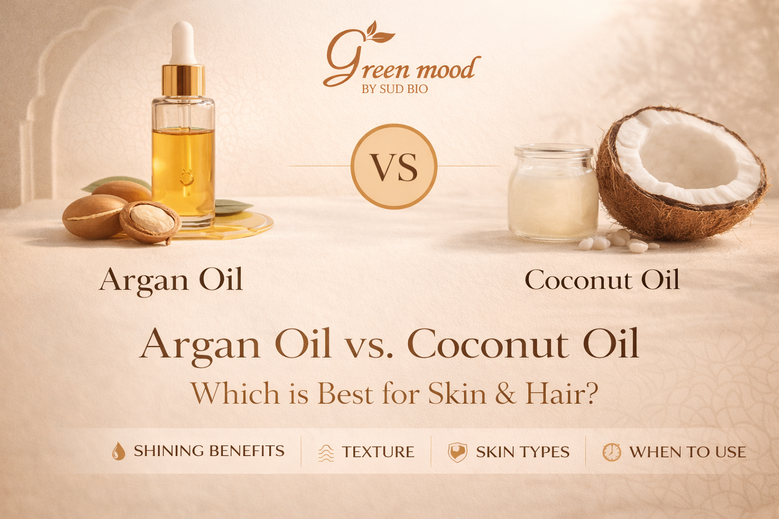 cold-pressed coconut oil, jojoba oil, argan oil for hair - comparison visual