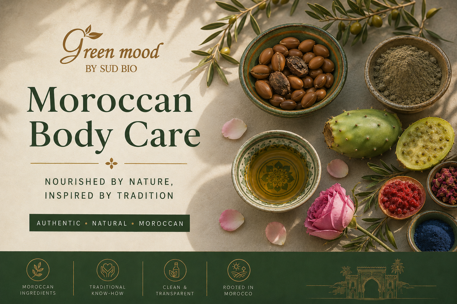 Moroccan body care ingredients guide — argan oil, prickly pear seed oil, savon noir, rhassoul clay and rose water