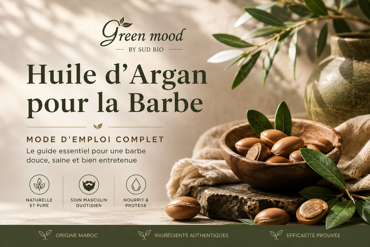 Homme appliquant quelques gouttes d'huile d'argan sur sa barbe au creux de la paume