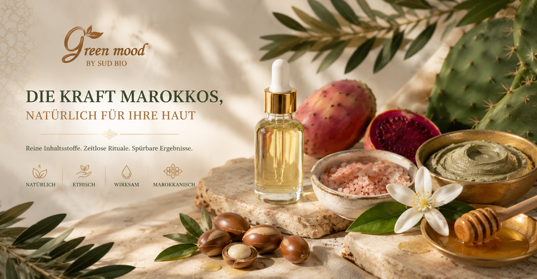 Traditionelle Inhaltsstoffe der marokkanischen Körperpflege: Arganöl, Kaktusfeige, Rhassoul, Savon Noir und Rosenwasser