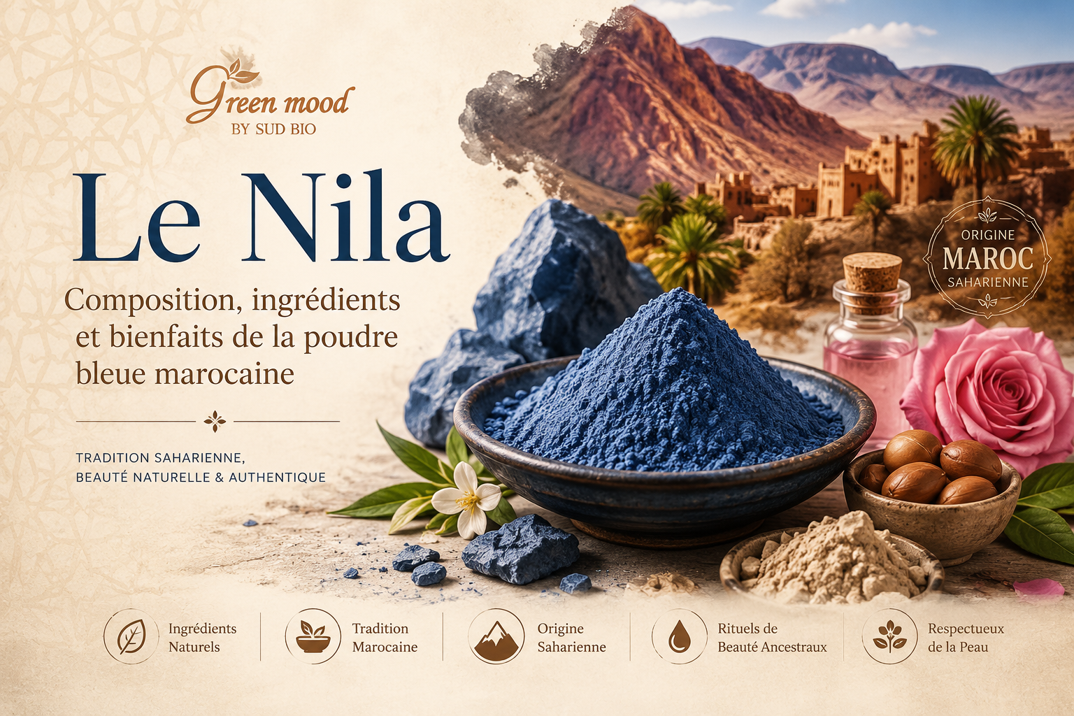 Nila marocain — poudre bleue d'indigo botanique (Indigofera suffruticosa) et ingrédients naturels du Maroc
