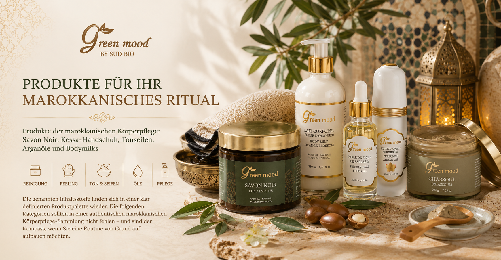 Produkte der marokkanischen Körperpflege: Savon Noir, Kessa-Handschuh, Tonseifen, Arganöle und Bodymilks