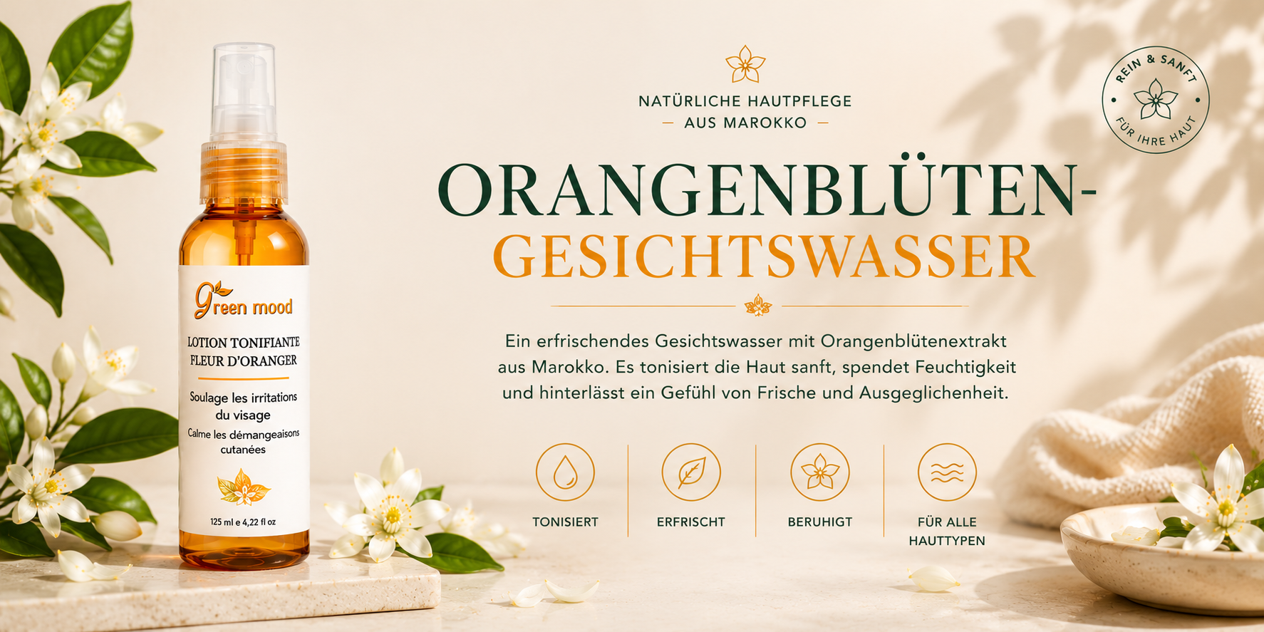Orangenblüten-Gesichtswasser von Green Mood mit Orangenblüten – tonisierende und erfrischende Gesichtspflege aus Marokko.