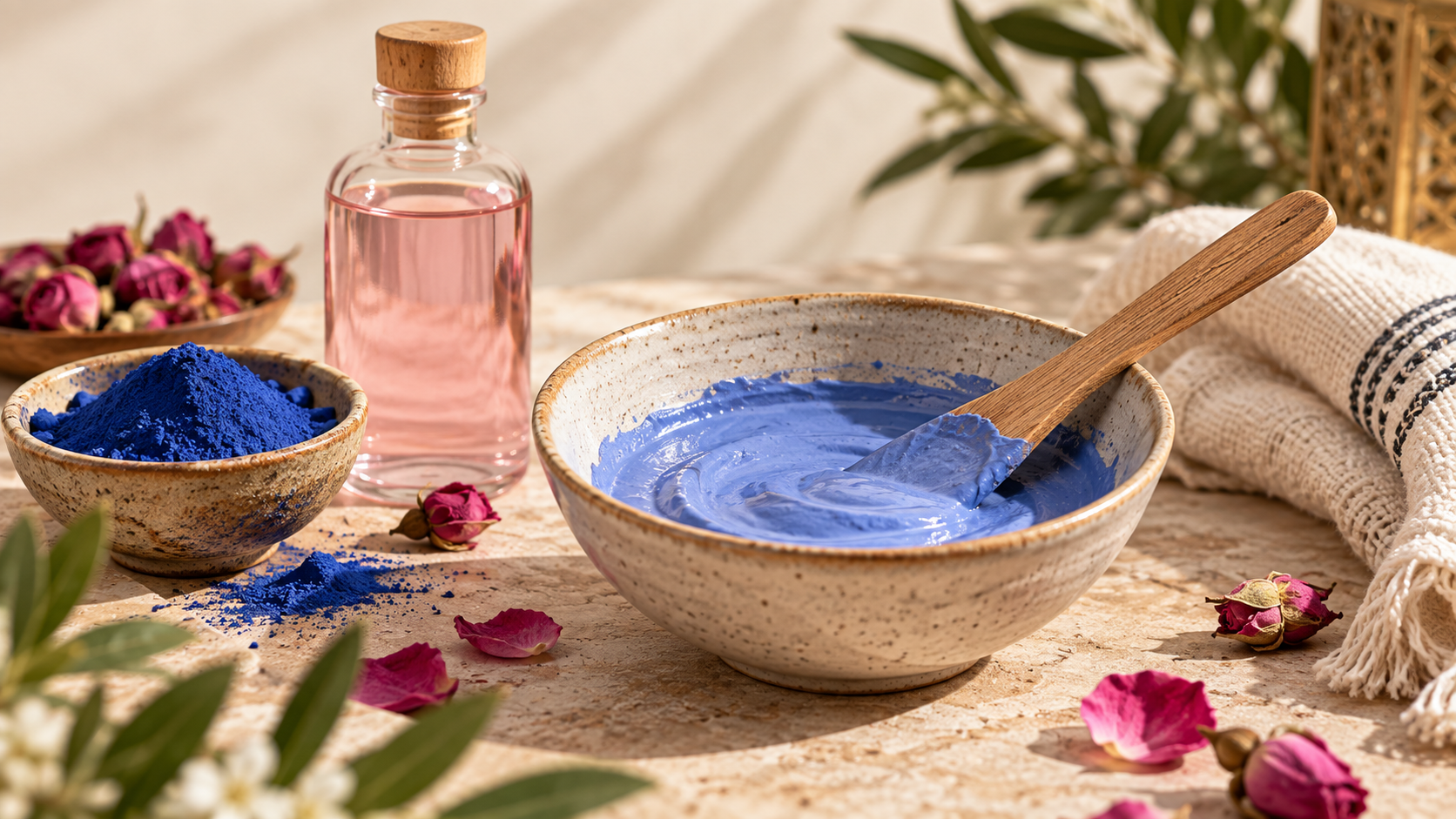 Bol en céramique contenant un mélange bleu pâle de kaolin et de nila, spatule en bois et flacon d’eau de rose