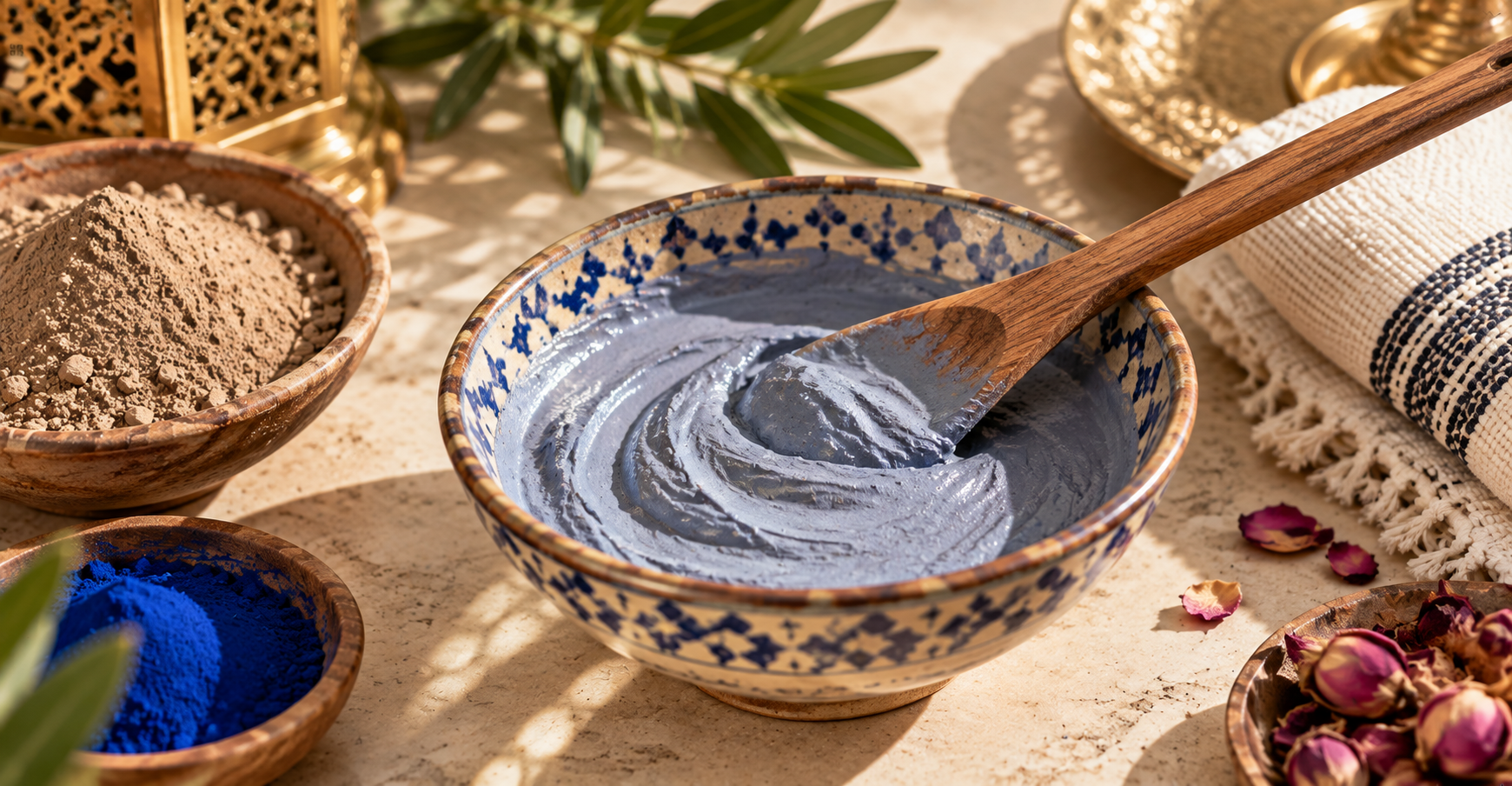 Mélange bleu-gris pâle de rhassoul et de nila dans un bol en céramique, prêt à être appliqué au hammam
