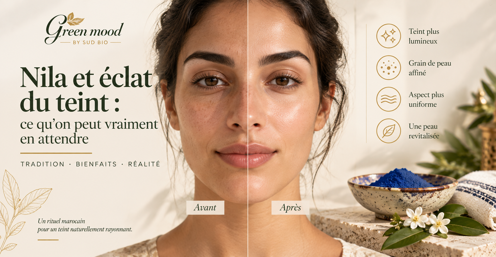 Visage au teint frais après rinçage d’un masque à la nila, lumière naturelle, sans retouche