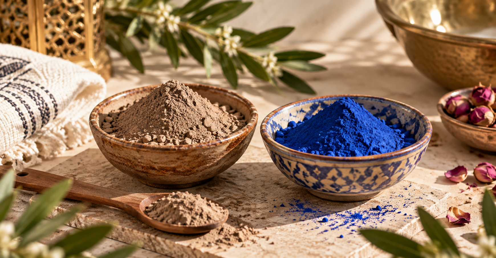Rhassoul en plaquettes brunes et poudre de nila bleu indigo présentés côte à côte dans deux coupelles